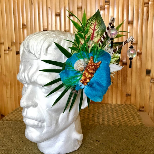 The Deluxe Rum Runner-Blue Orchid Hair Clip with Tiki and Lanterns for Tiki Oasis Luau Tiki Caliente VLV Pinup Dapper Day