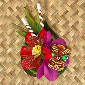 The Krakatoa- Red and Purple Flower Hair Clip with Tiki for Oasis Luau Caliente VLV Pinup