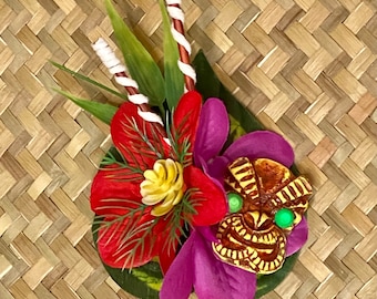 The Krakatoa- Red and Purple Flower Hair Clip with Tiki for Oasis Luau Caliente VLV Pinup