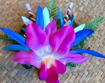 The Floof-Pink and Turquoise Flower Hair Clip for Tiki Oasis Luau Caliente VLV Pinup