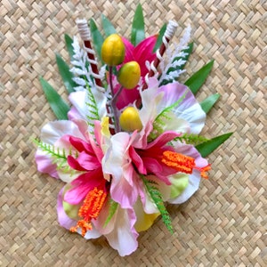 The Kahiki-Tropical Pink and  White Hibiscus Hair Clip for Oasis Luau Caliente VLV Luau