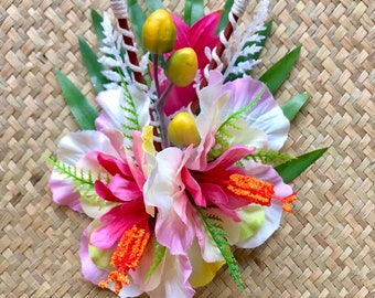 The Kahiki-Tropical Pink and  White Hibiscus Hair Clip for Oasis Luau Caliente VLV Luau