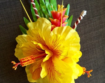 The Kahiki-Tropical Yellow Hibiscus Hair Clip for Oasis Luau Caliente VLV Luau