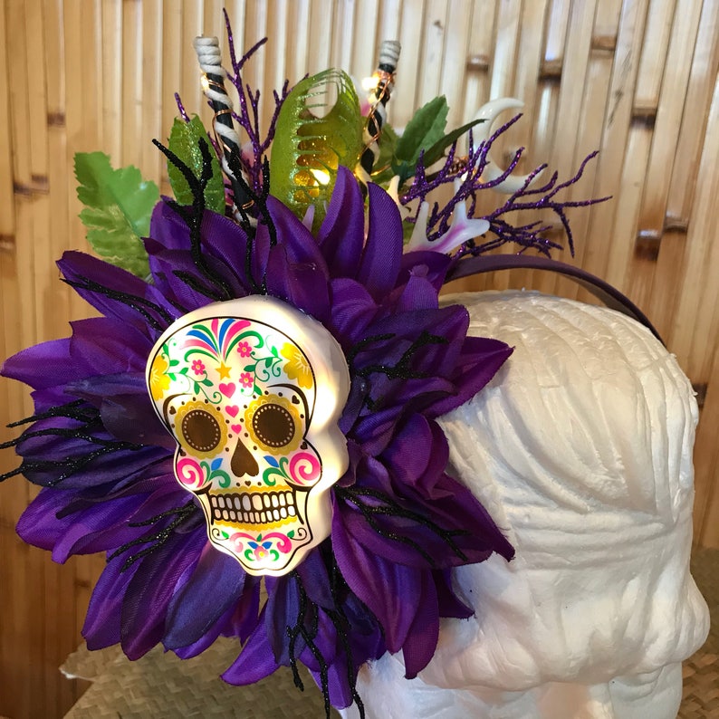 Sugar Skull Headband Dia De Los Muertos Day of the Dead Light Up Hairflower Hair clip image 1