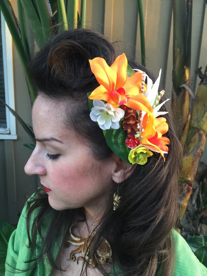 The Singapore Sling Orange Orchid Tiki Pinup Girl Hair Clip Etsy