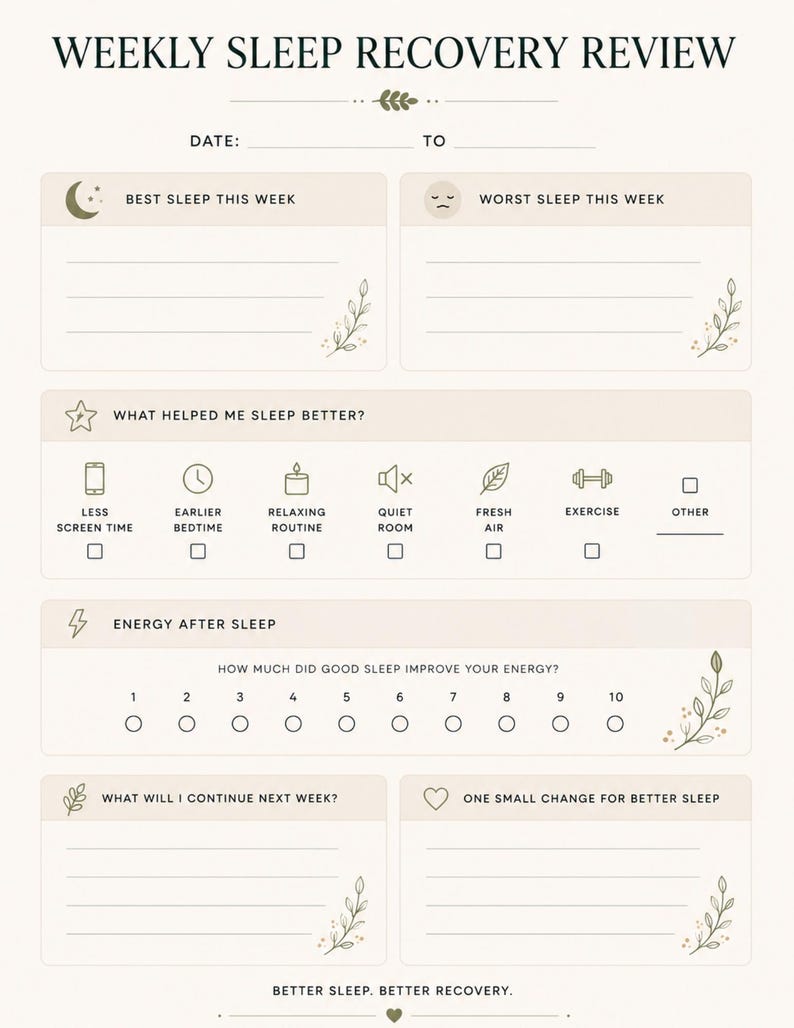 May include: A beige weekly sleep recovery review planner page with black text and green leaf accents. Sections include best and worst sleep, what helped, energy levels from 1 to 10, and future goals. The text reads Better Sleep. Better Recovery.