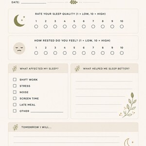 May include: A beige sleep recovery check-in planner page with dark text. It includes sections for date, sleep quality and rest ratings, checkboxes for factors affecting sleep, and blank lines for notes on improvements and tomorrow's goals.