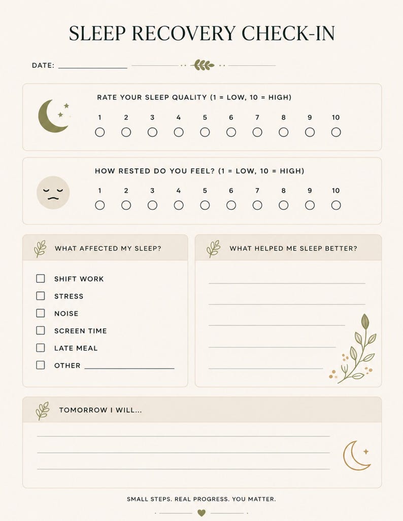 May include: A beige sleep recovery check-in planner page with dark text. It includes sections for date, sleep quality and rest ratings, checkboxes for factors affecting sleep, and blank lines for notes on improvements and tomorrow's goals.