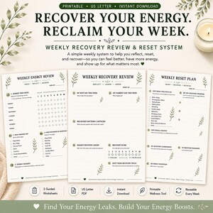May include: Three printable US Letter worksheets for a weekly recovery review and reset system. The pages feature black text on a white background with green leaf illustrations, including sections for energy tracking, recovery patterns, and reset plans.