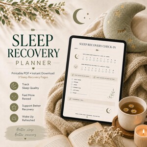 May include: A digital tablet displaying a Sleep Recovery Check-In planner page with rating scales, checkboxes for sleep factors, and lined sections. The screen shows text including Sleep Recovery Planner and Sleep Recovery Check-In.