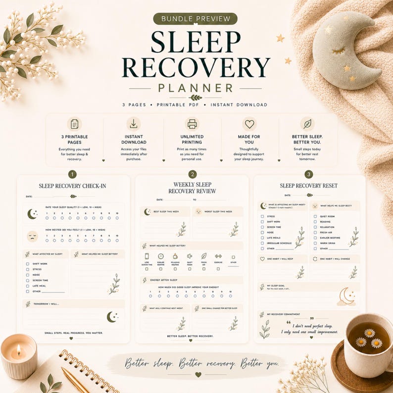 May include: A three-page digital Sleep Recovery Planner bundle featuring a Sleep Recovery Check-In, Weekly Sleep Recovery Review, and Sleep Recovery Reset. The printable PDF includes sections for tracking sleep quality, habits, and goals with floral accents.