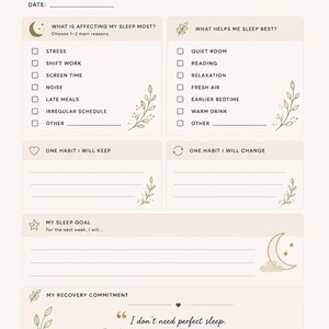 May include: A beige Sleep Recovery Reset planner page with dark text and botanical illustrations. It includes sections for sleep factors, habits, goals, and a recovery commitment with the quote: I don't need perfect sleep. I only need one small improvement.