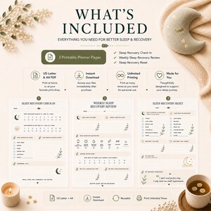 May include: A set of three printable sleep recovery planner pages titled Sleep Recovery Check-In, Weekly Sleep Recovery Review, and Sleep Recovery Reset. The pages feature text, checkboxes, and rating scales for tracking sleep quality and habits.