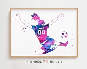 Soccer Player Girl Personalized Sport Art with Custom Name and Number- Digital Download