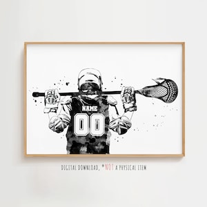 Arte deportivo personalizado de jugador de lacrosse con nombre y número personalizados (descarga digital)