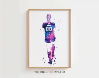 Soccer Player Girl Personalized Sport Art with Custom Name and Number- Digital Download
