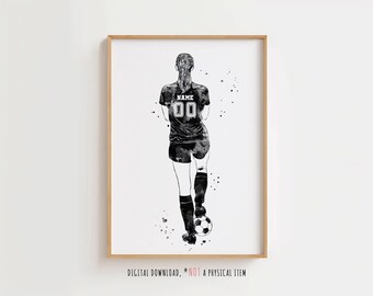 Soccer Player Girl Personalized Sport Art with Custom Name and Number- Digital Download