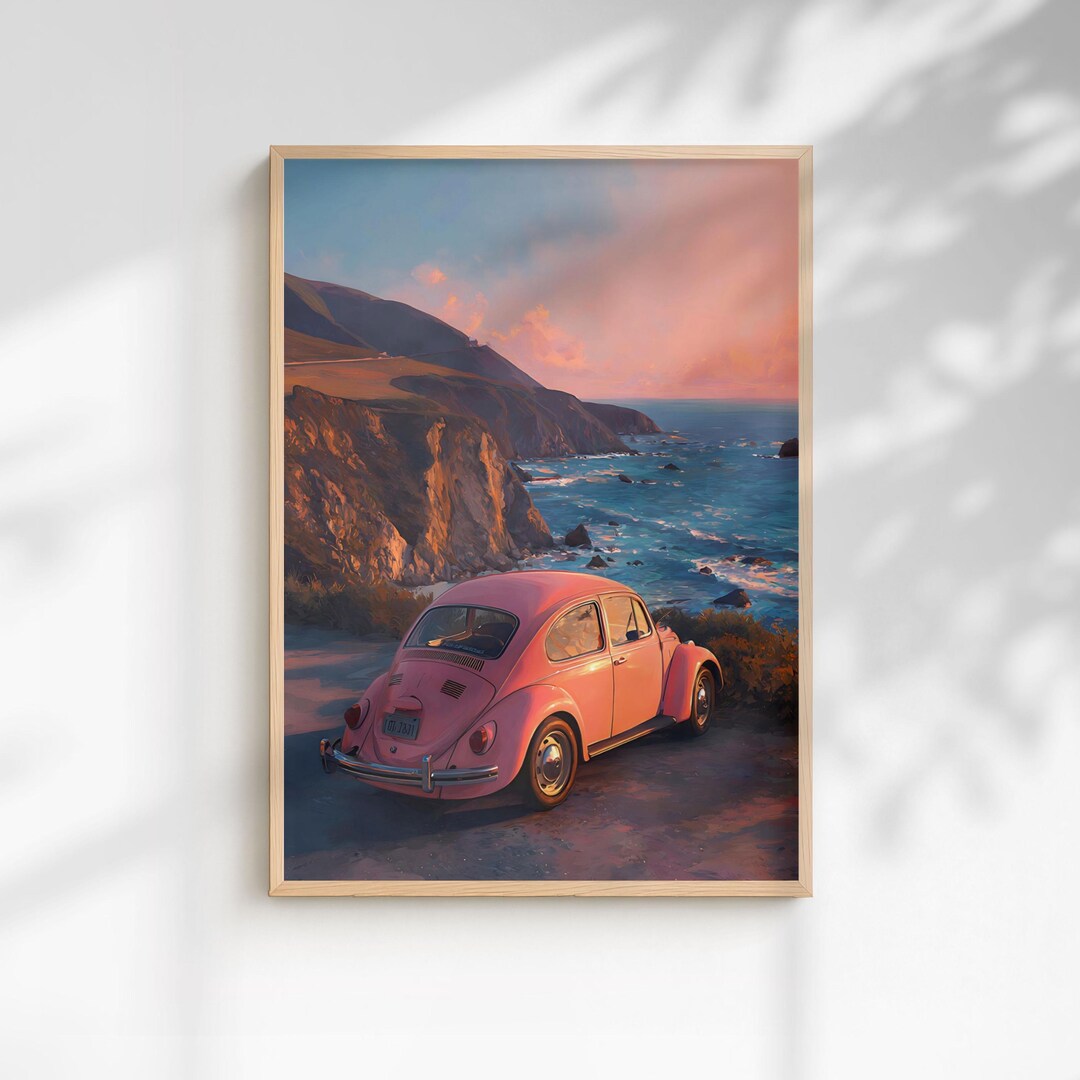 Pink VW Beetle Sunset Coastal Print, Retro Road Trip Art (digital ...