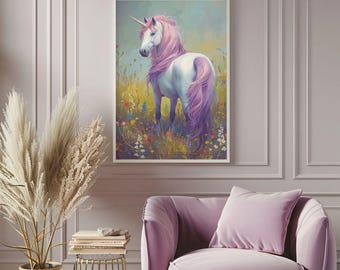 Whimsical Unicorn Wall Art Print, Pastel Fantasy Unicorn, Digital Download