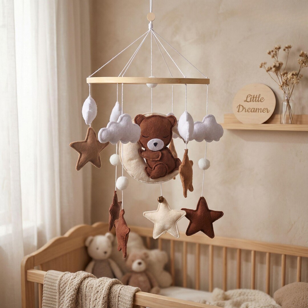 Wooden Baby Crib Mobile With Felt Bear & Stars, Nursery Decor, Newborn ...