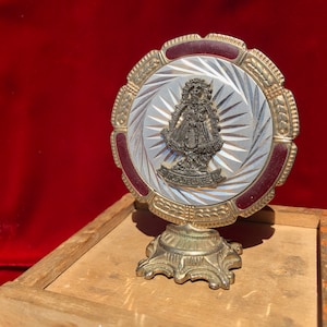 Antique Madonna VIRGIN MARY Nuestra de Cortes  Metal Shrine- Stunning and vibrant