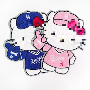 May include: Two white cartoon characters wearing baseball uniforms. One is in a blue uniform with a blue cap, the other in a pink uniform with a pink cap. Both have the word "Dodgers" on their jerseys.