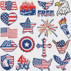 May include: A collection of patriotic patches featuring American flag designs. Includes a heart, star, eagle, and the words "USA" and "FREE". The patches are in red, white, and blue.