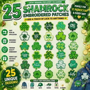 May include: A collection of 25 Shamrock embroidered patches in various shades of green. The patches feature different designs, including shamrocks, the word "Lucky", and the phrase "Happy St. Patrick's Day". The patches are iron-on, washable, and durable.
