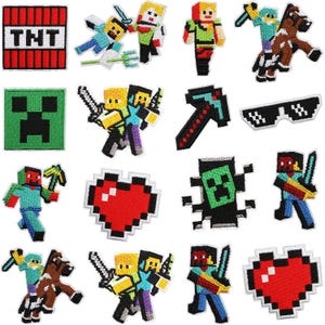 May include: A collection of embroidered patches featuring pixelated designs. Includes a TNT block, a green Creeper face, a red heart, characters with swords and pickaxes, and pixelated sunglasses. The patches are in various colors and styles.