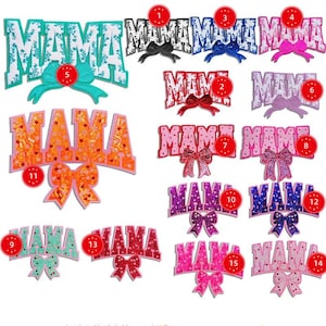 May include: A collection of "MAMA" patches in various colors and designs. Each patch features the word "MAMA" in a bold, decorative font, paired with a bow. Colors include teal, black, blue, pink, orange, and purple.