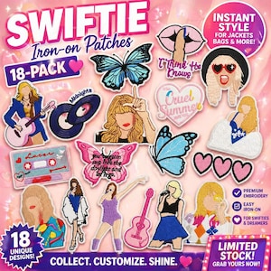 May include: A collection of 18 unique Swiftie iron-on patches. The patches feature various designs, including butterflies, hearts, and images of a singer. The patches are easy iron-on and made with premium embroidery. The text on the patches includes phrases like "Cruel Summer" and "Lover".
