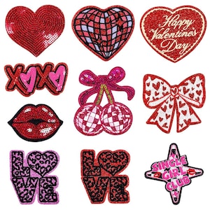 May include: A collection of sequined patches in various shapes and designs. Includes a red heart, a heart with a grid pattern, a heart with "Happy Valentine's Day" text, "XOXO" text, lips, cherries, a bow, and "LOVE" text.