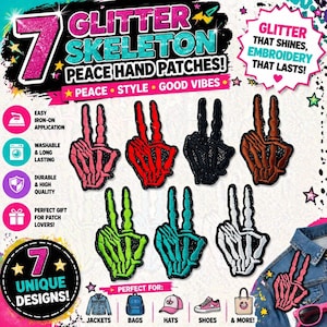 May include: Seven glitter skeleton peace hand patches in various colors, including pink, red, black, brown, green, teal, and white. The patches are designed for iron-on application and are washable. The image also includes text that says "Glitter that shines, embroidery that lasts!"