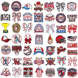 May include: A collection of embroidered patches with baseball themes. Designs include baseballs, bats, caps, bows, and text like "Baseball Mama" and "Game Day Vibes." The patches feature red, white, and blue colors.