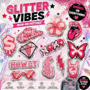 May include: A collection of pink and silver glitter iron-on patches with various designs, including a dollar sign, a diamond, a flower, lips, a butterfly, and the word "HOWDY". The text "GLITTER VIBES" is at the top.