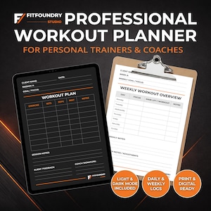 Può includere: Un pianificatore di allenamento professionale per personal trainer e coach. L'immagine mostra un tablet digitale e un appunti con modelli di allenamento. Il tablet mostra un piano di allenamento in modalità oscura, mentre l'appunti mostra una panoramica settimanale.