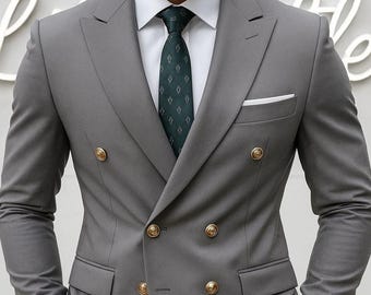 メンズ ダークグレー ダブルブレストスーツ：スリムフィット