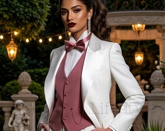 Classic Dress For Women's - White Vintage Three Piece Suits - Luxury Vest Bellbottom Pants