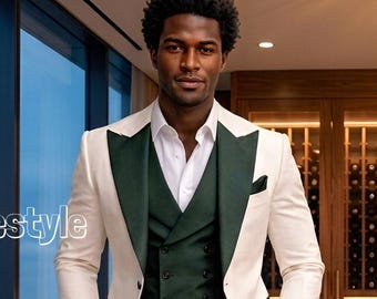 Completo da uomo slim fit: blazer bianco, gilet verde e pantaloni per eventi formali.