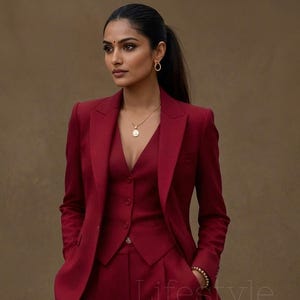 Könnte beinhalten: Ein tiefroter dreiteiliger Anzug bestehend aus einem taillierten Blazer, einer geknöpften Weste und einer Hose mit weitem Bein. Das Ensemble ist durchgehend einfarbig, wobei das Wort Lifestyle in der Bildmitte dezent sichtbar ist.