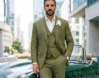 Grüne Farbe Leinen Anzüge, Hochzeit, Abschlussball, Herren Outfit, Slim Fit Olivgrün Klassischer Anzug