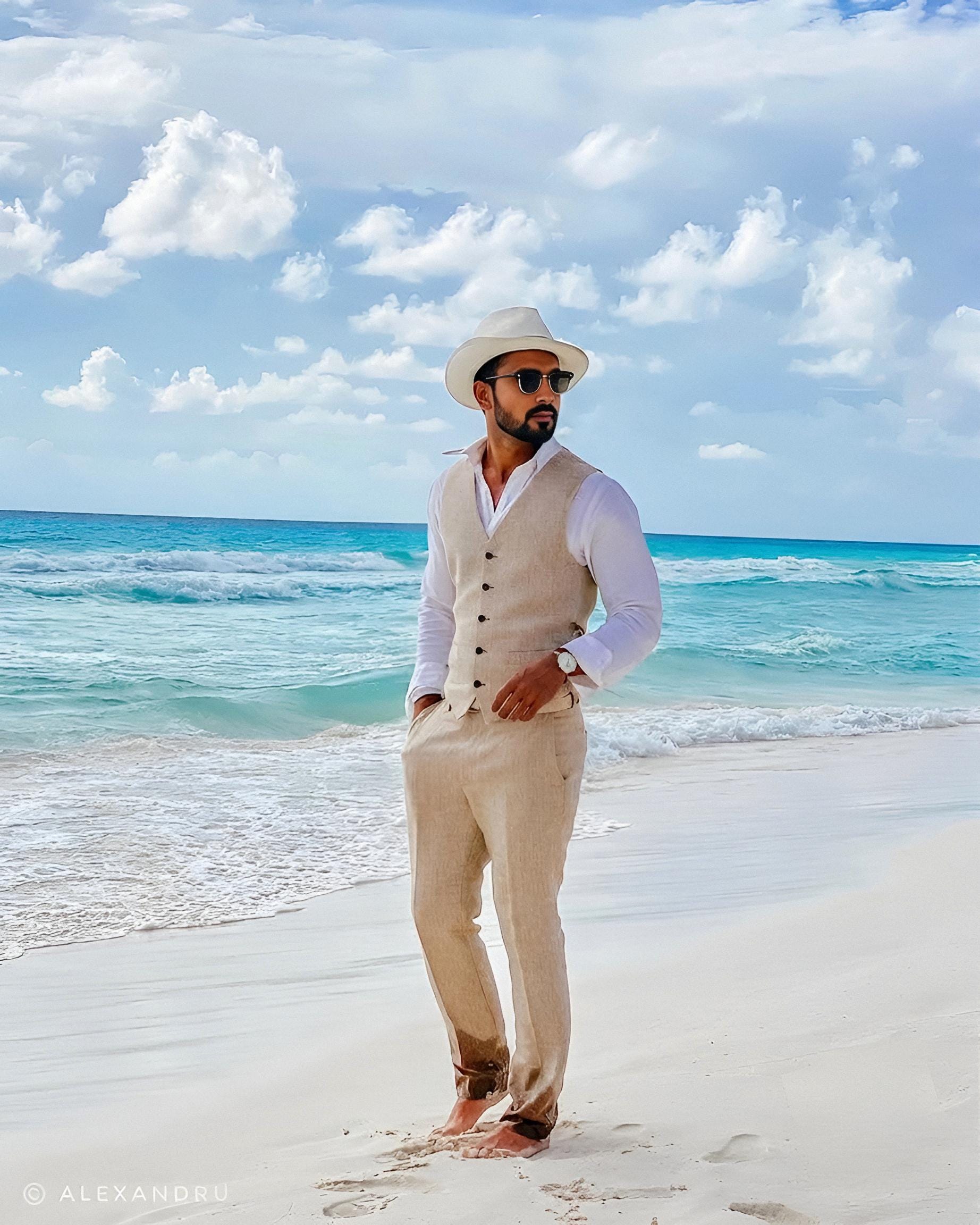 Beige Linen Vest and Trousers Suit, Beach Party Formal Wear