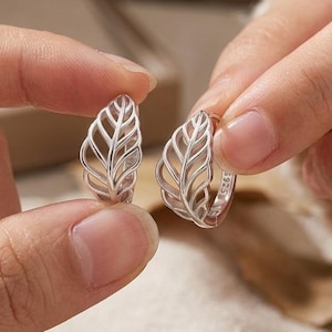Leaf Hoop Earrings 925 Sterling Silver, Cut Out Nature Huggies