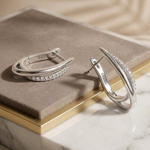Sterling Silver Hoop Earrings, Double Wave CZ Huggie Hoops Gift for Her