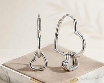 Pendientes de aro minimalistas con forma de corazón, de plata de ley 925, con nudo de amor.
