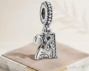 Dije colgante de celebración número 21, dijes de pulsera con diamantes de imitación, regalo de aniversario para ella.