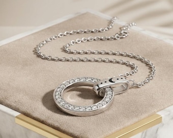 Collar con colgante circular de circonita cúbica y luna en plata 925 - Cadena de 45 cm