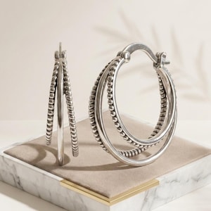 Sterling Silver Triple Row Bali Hoop Earrings: Beaded, Rope Texture Style