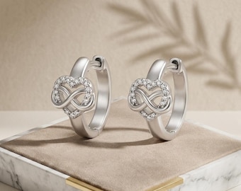 Pendientes de aro con forma de corazón infinito y circonitas cúbicas pavé, plata de ley 925, símbolo del amor.