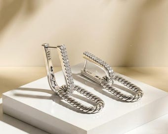 Pendientes colgantes con eslabones de cuerda de circonita cúbica pavé, cortes de corazón de plata de ley 925.